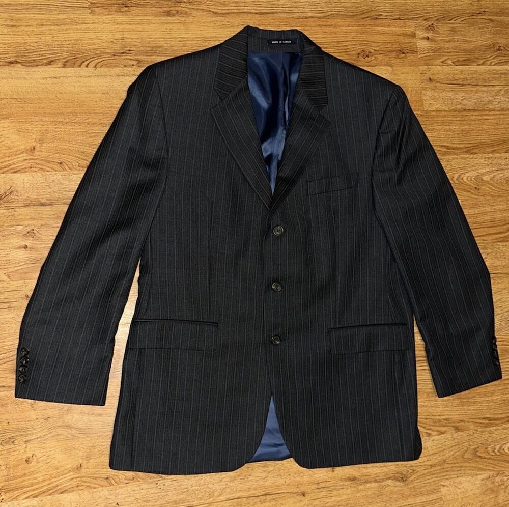 Ralph Lauren Charcoal Blue Pin Stripe Suit Jacket Men's 46 Virgin Wool 3 Button